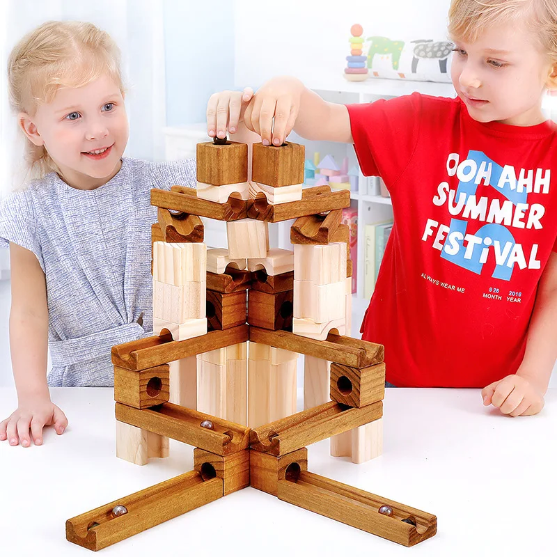 

Wooden Marble Track Building Blocks Children's Educational Assembling Ball Building Blocks Wooden Building Blocks Toys for Kids