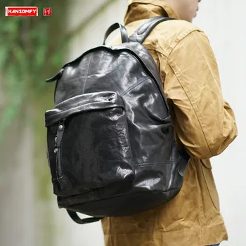 

Retro Men Backpack Men's Computer Bag Leather Travel Backpacks Male School Bags Black Casual High-end Handmade Leather Bag