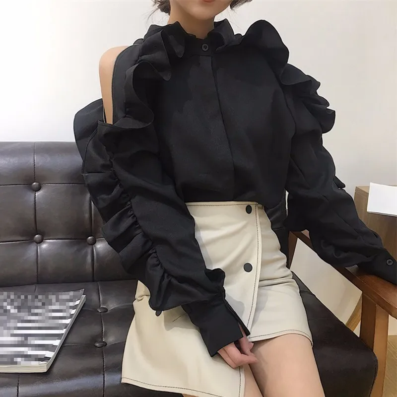 

Off Shoulder Shirt Female Ruffles Patchwork Lapel Collar Zipper Long Sleeve Blouse Women 2019 Spring Korean Clothes