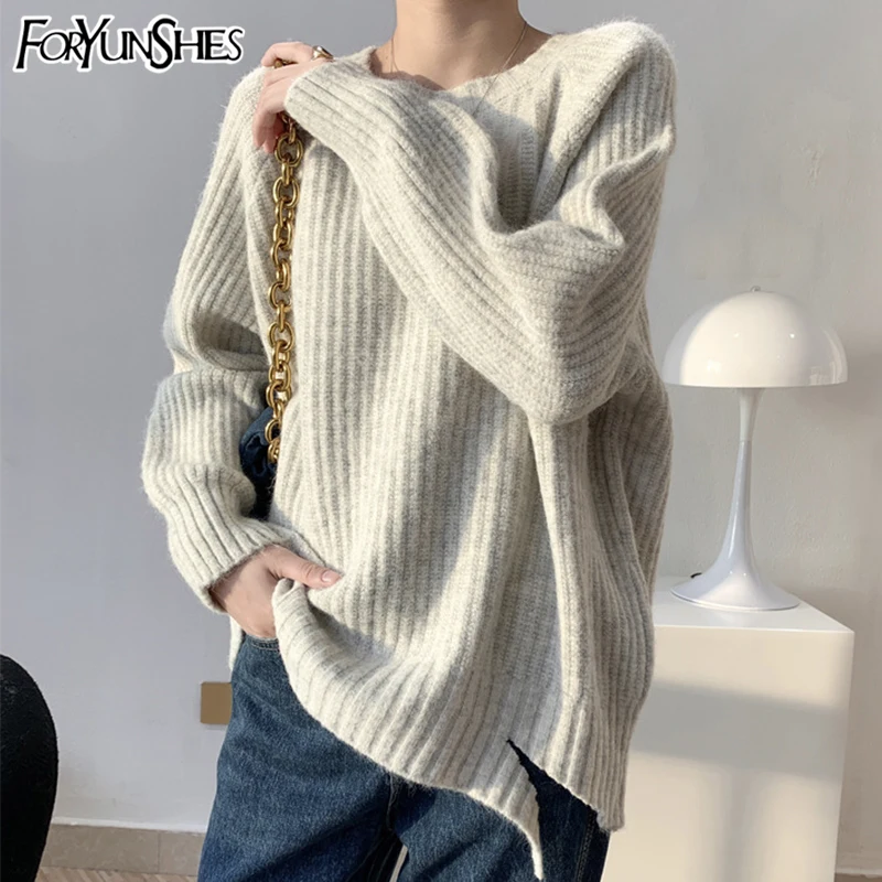

FORYUNSHES Women Camel Knitted Pullover Sweater Femme Loose Long Sleeve O Neck Split Style Tops 2020 Autumn Winter New Fashion