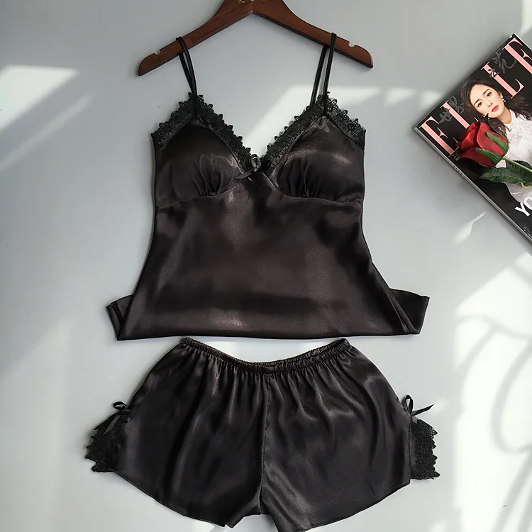 Летняя атласная пижама комплект кружевной пижамы Женская сексуальная Милая
