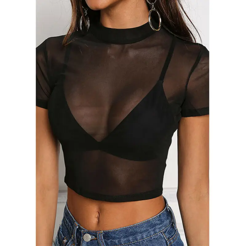 Women Sheer Mesh Fish Net Sexy Short Sleeve Summer T-shirts See-mesh Black Tops | Женская одежда