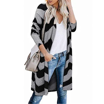 

Autumn Long Cardigan Female Striped Knitted Top Women Coat Pocket Long Sleeve Top Loose Knitwear Women Clothing Casual Coat