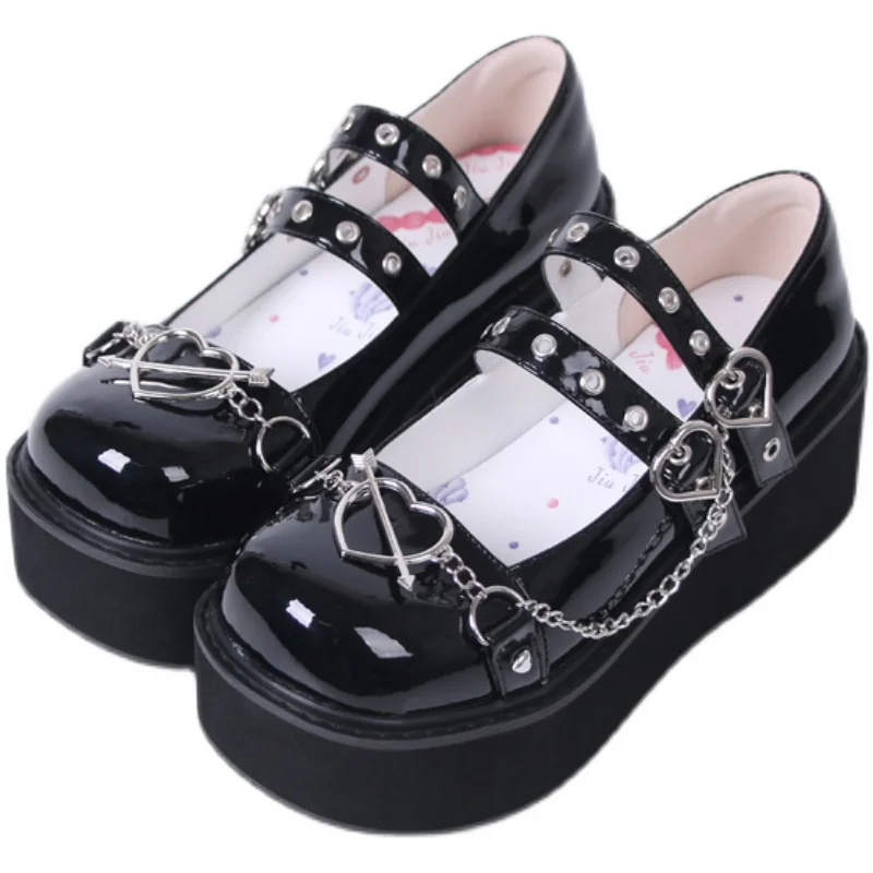 

Lolita Retro Punk Leopard Printing Rivet Locomotive High-heeled Platform Shoes Love Round Head Jk Chain Shoes Cosplay Cos Loli