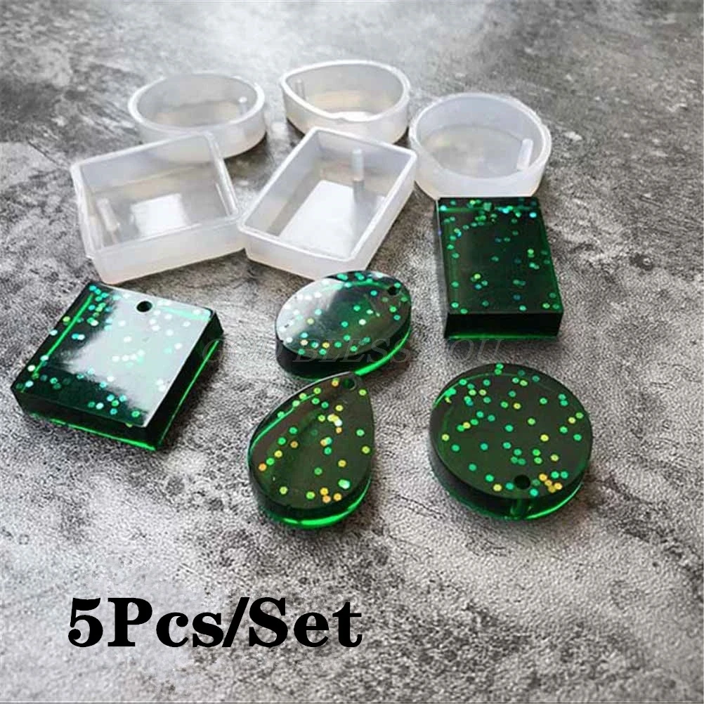 5Pcs Silicone Round Square Oval Waterdrop Rectangle Shape Hole Mold DIY Craft Epoxy Resin Molds Necklaces Pendant Mould Silicone Mold