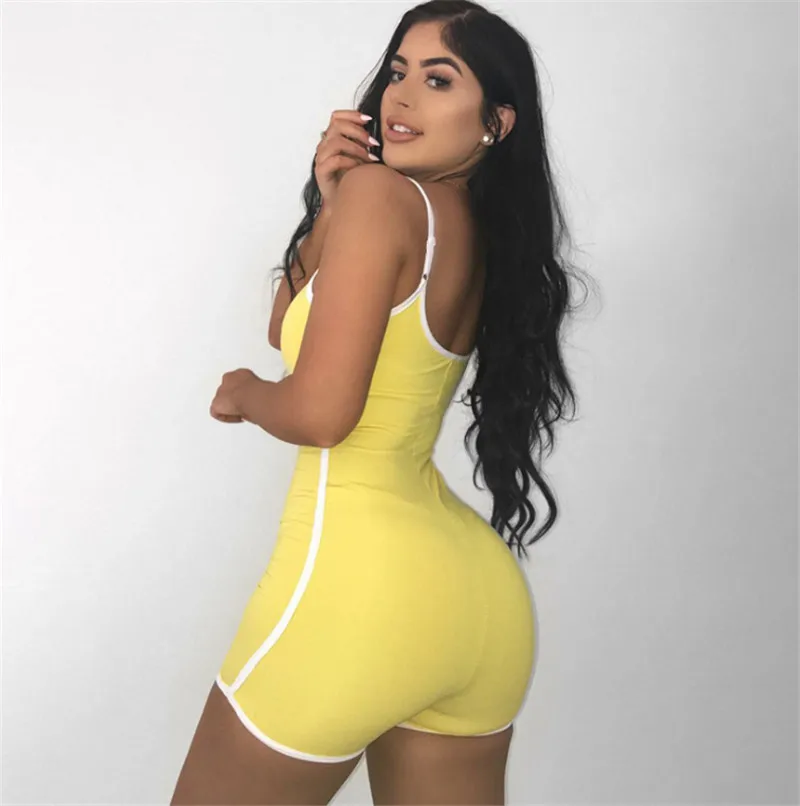 Conjunto de ropa de mameluco elástico para mujer, pijama Sexy de verano para Fitness, chándal con espalda descubierta, mono de color contrastante, pantalones cortos