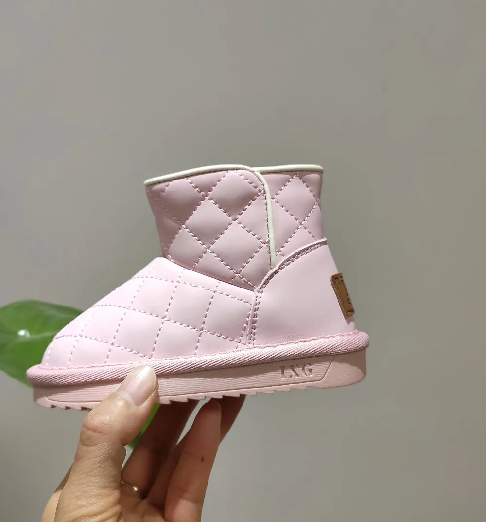 Genuine Leather Winter Children Snow Boots Waterproof Toddler Girls Shoes Grid Fashion Cotton Kids Boots Baby Shoes