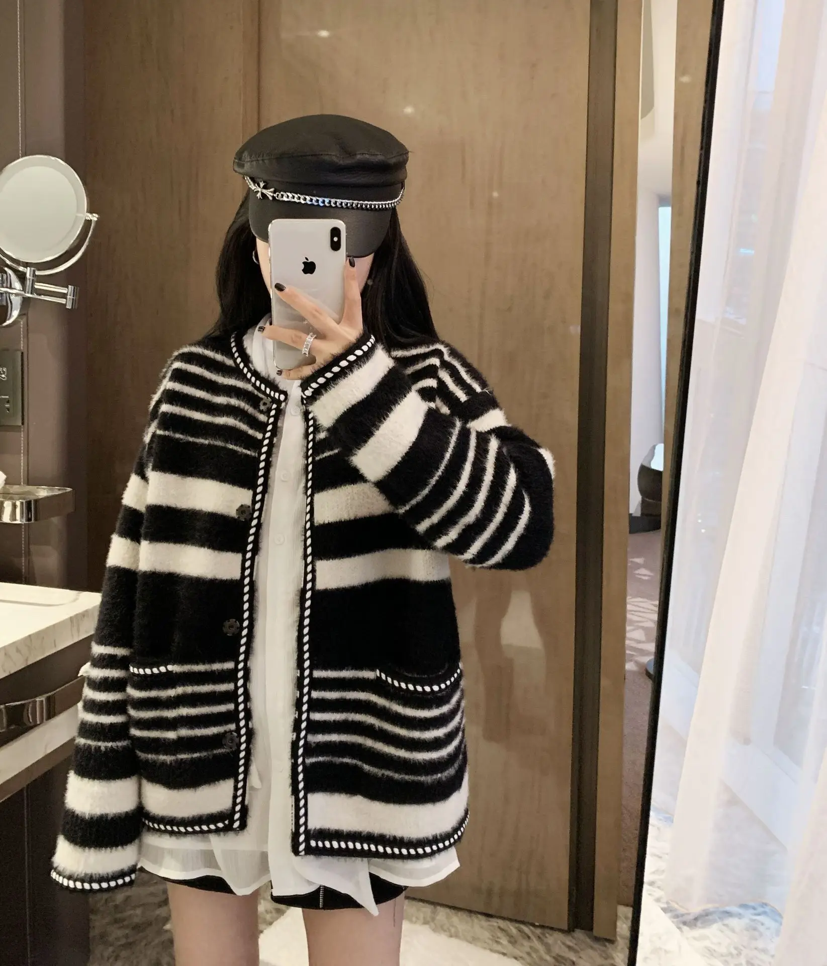 

Retro Imitation Mink Velvet Striped Cardigan 2020 Cardigans Women Black Sweaters
