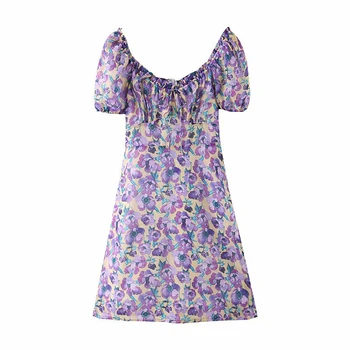 

Elegant Floral Print Mini Dress Women chiffon short sleeve Pleated Female Dresses Vestidos