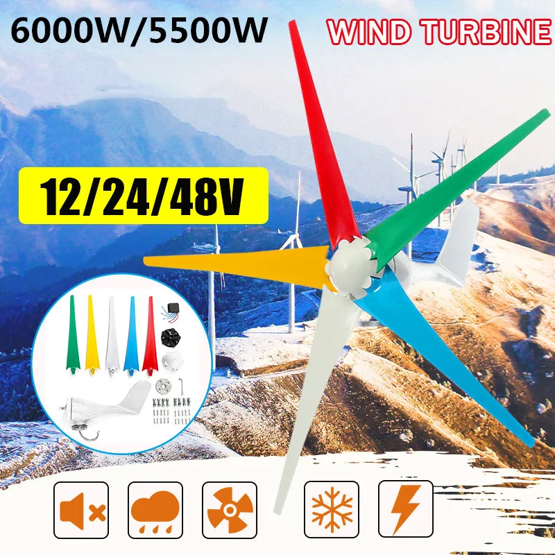 

6000W 12/24/48V AC Permanent Wind Turbines Generator 5-Nylon Blades Household Power Generator w/Controller for Solar Streetlight