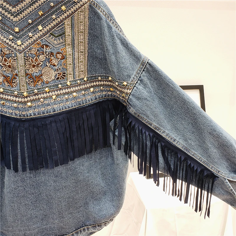 Veste en Jean Brodée pour Femme Fleur en Daim À Franges À La Mode Jeans D/'Extérieur Gland Streetwear À Manches Longues Femme Automne Lâche Cowboy Tops Manteau pour Femme Grande Taille S