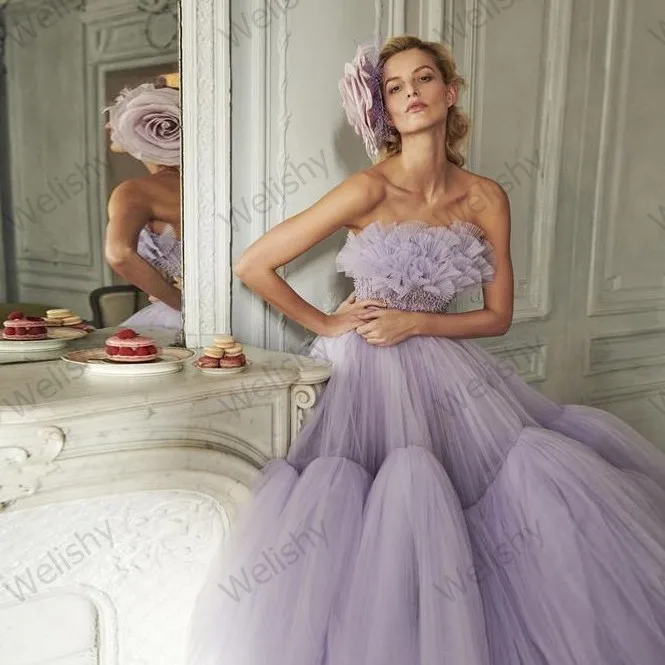 Elegant Lavender Tiered Ruffle Tulle Dresses Women 2020 Long Floor Length Prom Gowns A-Line Strapless Tulle Dress Custom Made