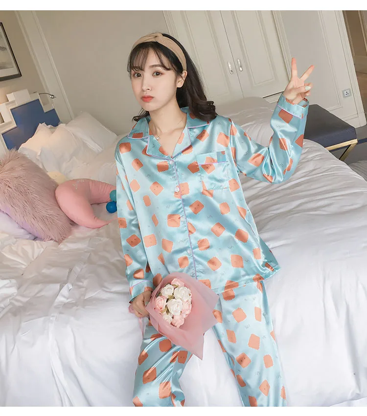 WAVMIT осенний женский Шелковый пижамный комплект с принтом для девочек, пижамный комплект с длинным рукавом, Пижамный костюм для женщин, ночная рубашка, наборы
