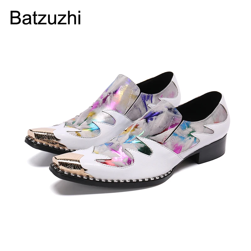 Batzuzhi New Fashion Men's Shoes Pointed Iron Toe Genuine Leather Dress Shoes Men Slip on White Party & Wedding Sepatu Pria