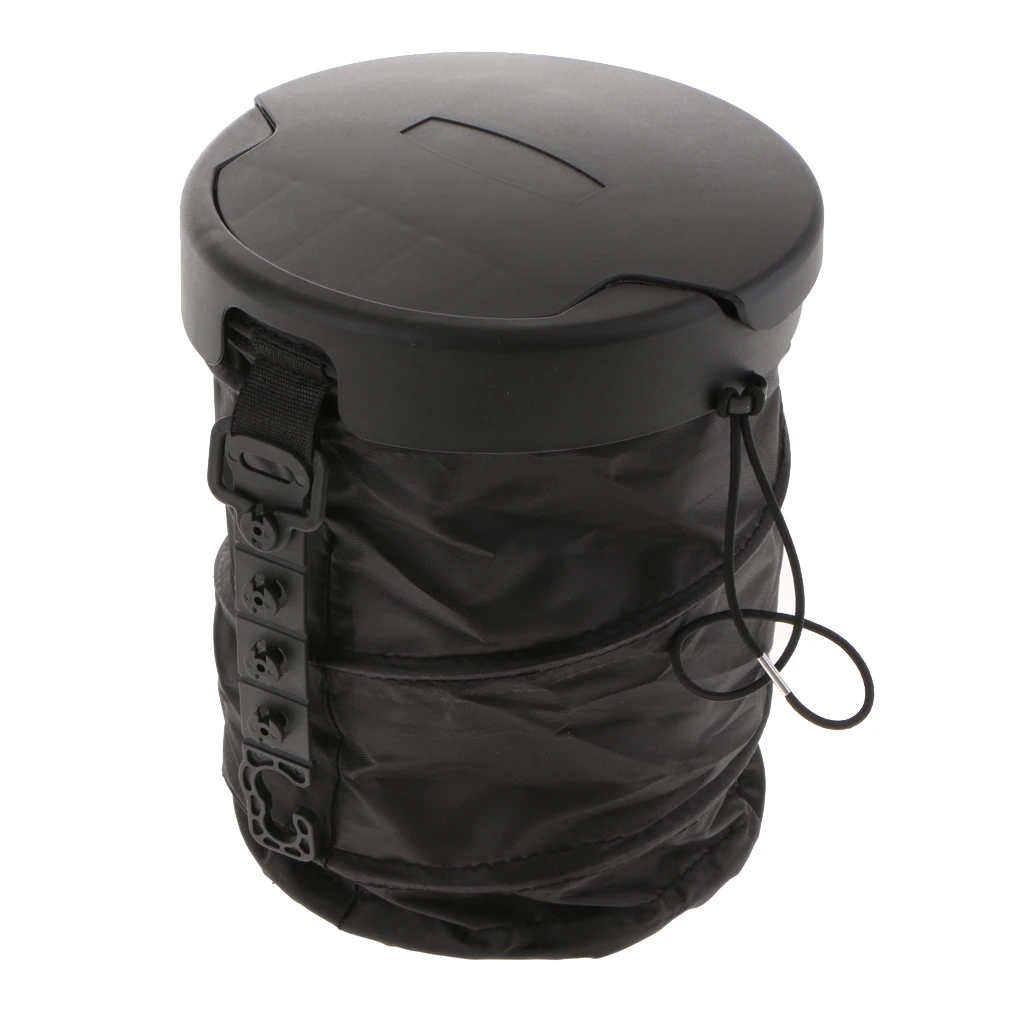 Plastic Folding Car Trash Can Car Garbage Bin Container Rubbish Bin Black With Flip Open Lid and Adjustable Hook