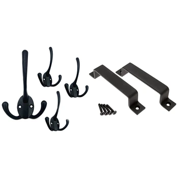 

2 Pcs Black Sliding Barn Door Handle Pull Set with Coat Hooks 4 Pack Heavy Duty Wall Mounted Hook