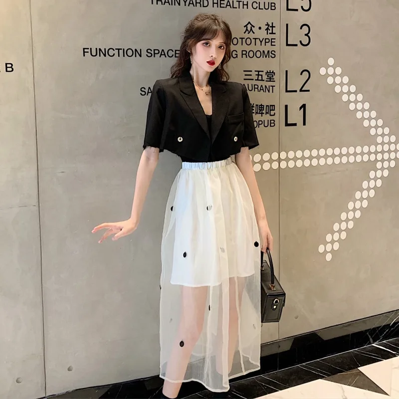 

Photo Shoot Fringed Short West Sleeve Suit Jacket + Mesh Dress Sequin Skirt Set