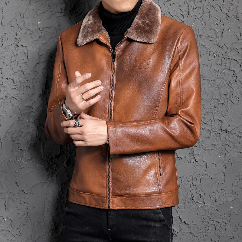 

New Style Men Fur Leather Coat Men's Middle-aged Turn-down Collar Coat Casual Jacket MEN'S Leather Coat Men'S Wear