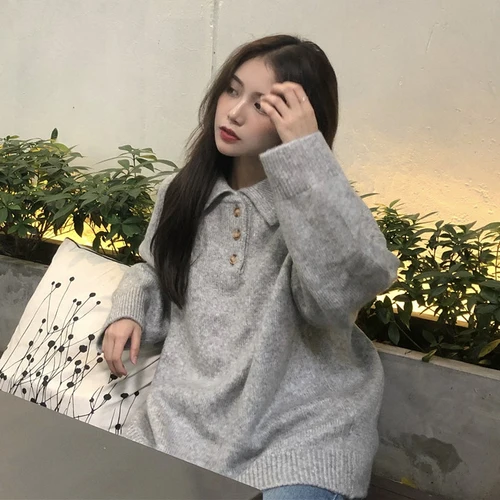 Light Grey JoinYouth, винтажные свитера, женские, однотонные, с отложным воротником, свободные, BF стиль, пуловеры, осень, кнопка, новинка, Pull Femme, зима, J329 - Цвет: Light Grey