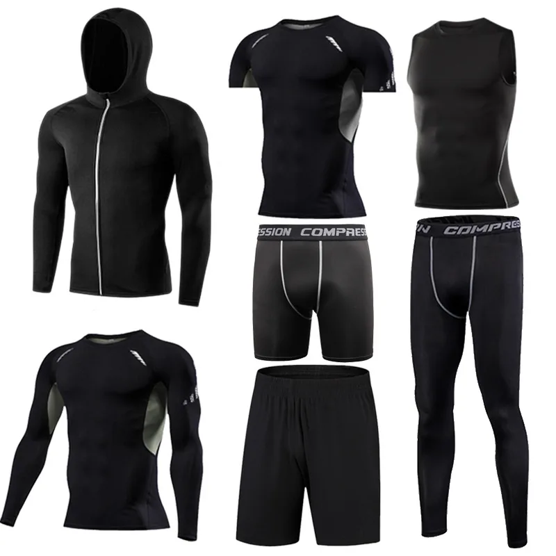 Мужские наборы для бега, для спортзала, обтягивающие штаны, компрессионная рубашка, для фитнеса, шорты, для бега, спортивная одежда, тонкая куртка, тренировочный костюм, сухая футболка - Цвет: B-6683570209857