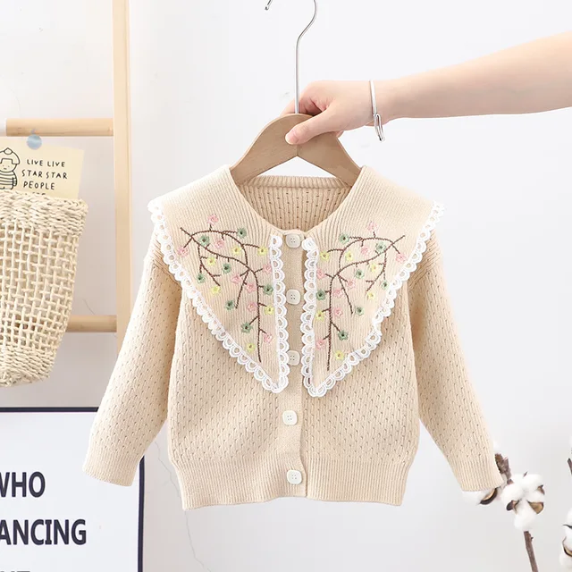 Girl Korean Long Lapel Floral Sweater Toddler Girl Winter Clothes Girl Cardigan Autumn Fall Toddler Outfits Kids Winter Sweaters beige