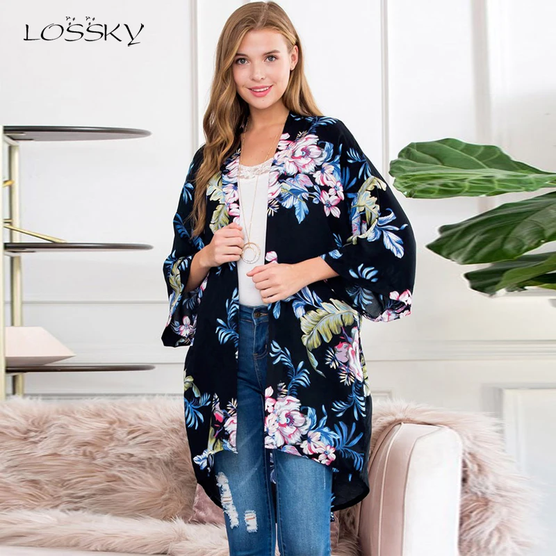 

Lossky Chiffon Blouse Tops Women Autumn Casual Cardigan Ladies White Long Kimono Elegant Flower Printed Clothes Shirt Femme 2019