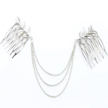 

Womens Chic Leaf Hair Chain Headband Hair Comb Slides Silver