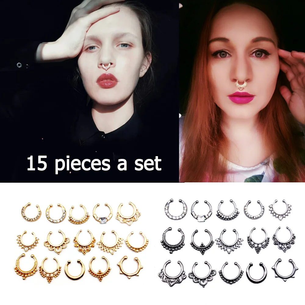 

15 PCS Fake Nose Ring Faux Piercing Crystal Black Color Clicker Body Jewelry Multicolor Fake Septum for Women Body Clip Hoop