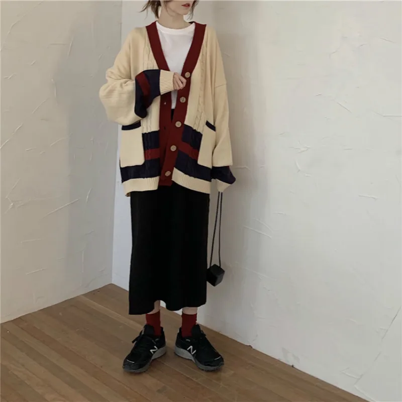 Skup Kobiety jesień zima Twist Patchwork długi sweter płaszcz kobieta z długim rękawem V Neck sweter dziergany luźny plus rozmiar odzież wierzchnia z kieszeniami