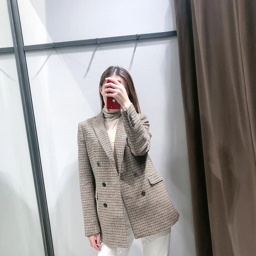 Women Fashion Vintage Casual Plaid Blazer Double Breasted Office Ladies Jacket Coat Notched Collar Long Sleeve Suits