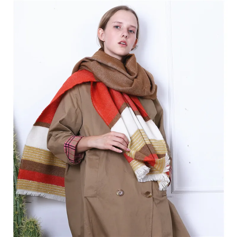 Яркий клетчатый шарф для Aw2019. Женский утолщенный Яркий шелковый полосатый цветной кашемировый теплый шарф-шаль