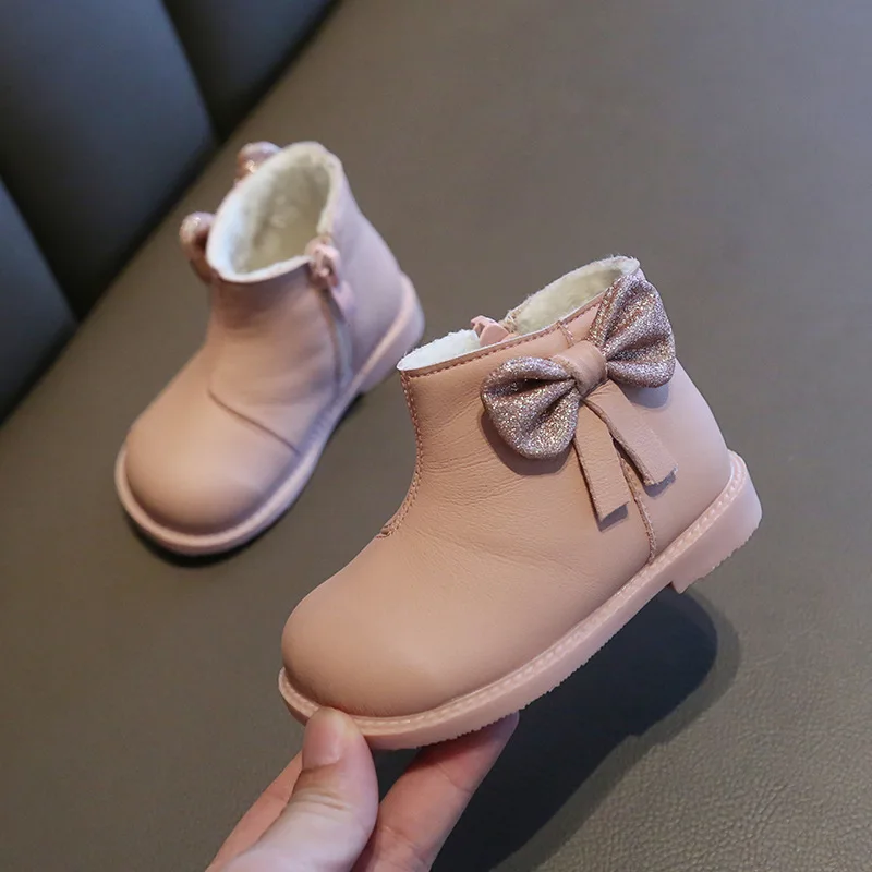 Girls Shoes Autumn Winter Bow-knot Microfiber Leather Winter Infant Toddler Boots Non-slip Rubber Toddler Girl Boots Princess