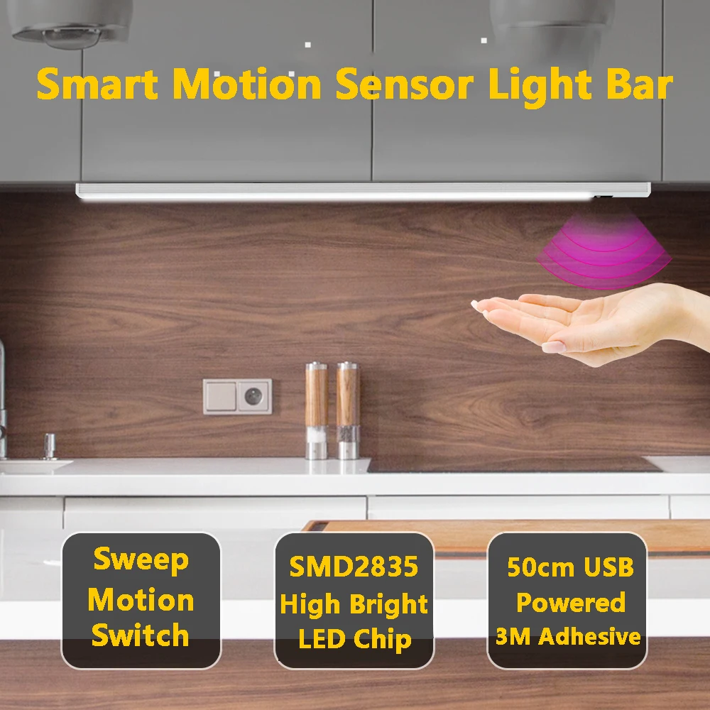 

LED Motion sensor light bar Under Cabinet Cupboard Strip Lights Warm Cool White 20cm 30cm 40cm 50cm
