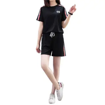 

Yfashion Woman Sports Suits Short Sleeves Tops and Drawstring Shorts Plus Size Casual Outfits Jeans Shorts