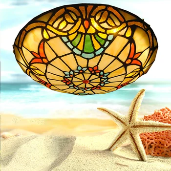 

Balcony Aisle Fixture Living Room Indoor Baroque Home Decoration Hall Flush Mount Ceiling Light Round Stained Glass Shade Led