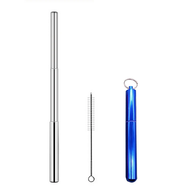 Metal Reusable Collapsible Foldable Straw with Case Keychain Stainless Steel Metallic Portable Telescopic Drinking Straw Brush