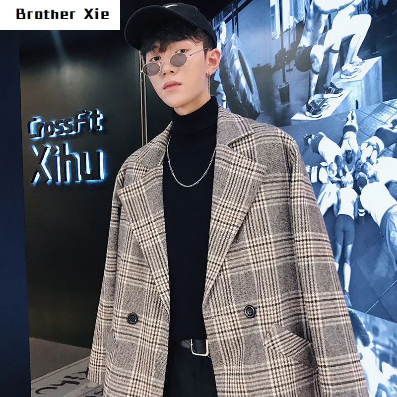 

Autumn Tartan Coat Men's Fashion Retro Casual Hit Color V-neck Woolen Jacket Men Streetwear Loose Long Woolen Coat Male M-2XL