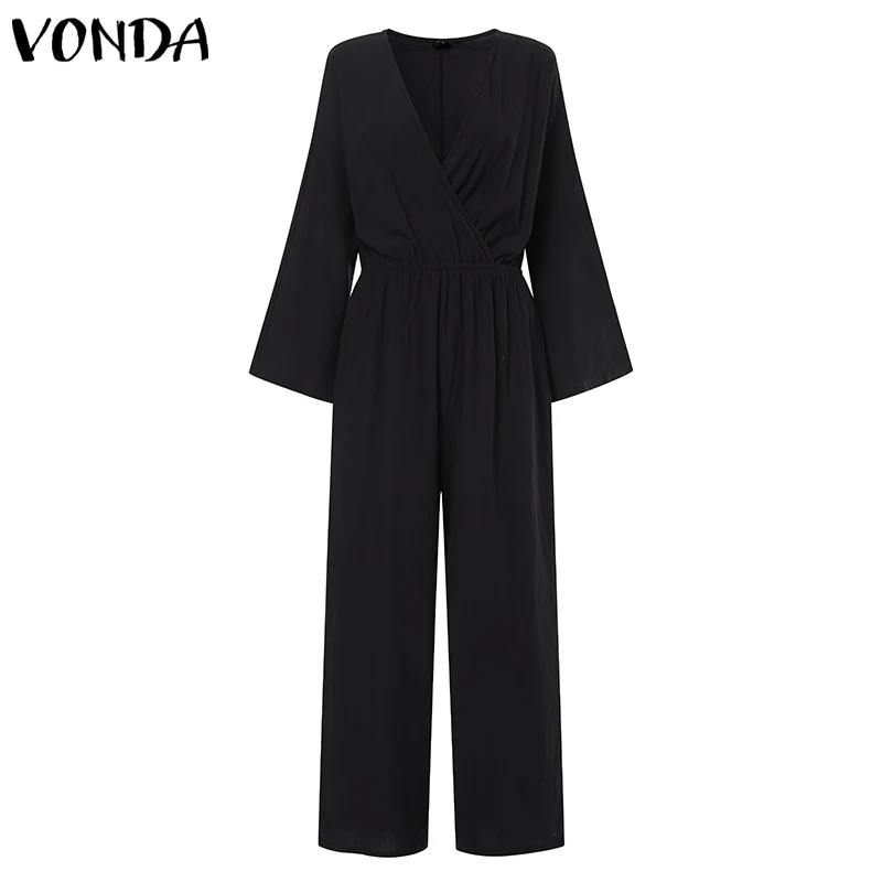 VONDA Комбинезоны для женщин s сексуальные V шеи с длинным рукавом в богемном стиле комбинезоны, женские костюмы плюс размер брюки винтажные комбинезоны пляжного типа - Цвет: Черный