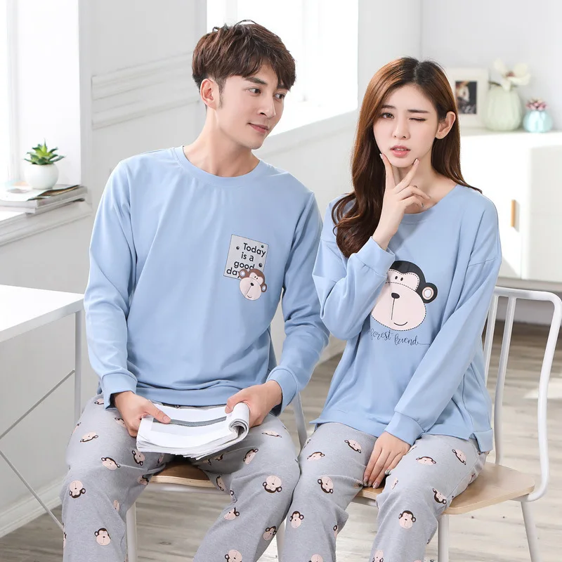 

QWEEK O-neck Long Sleeve Pyjamas Women Korean Version Cartoon Print Couple Sleepwear Two Piece Autumn Lounge Home Pajamas Women