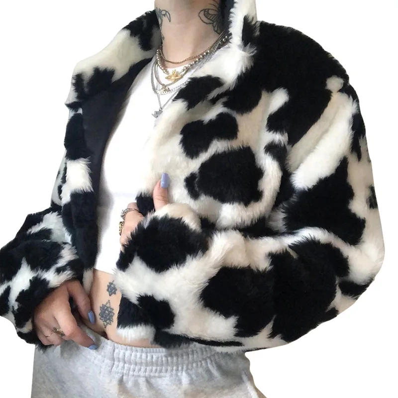 

Winter Warm Faux Fur Cozy Cow Printed Jacket For Women Goth Dark Casual Hairy Streetwear Coat Female Fall Loose Outwear