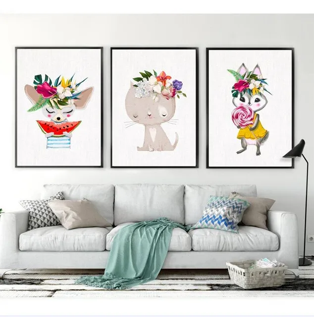 Nordic-Style-Cute-Cartoon-Wearing-Flower-Animal-Poster-Wall-Art-Girl-Pictures-Baby-Kids-Bedroom-Canvas.jpg_640x640 (3)