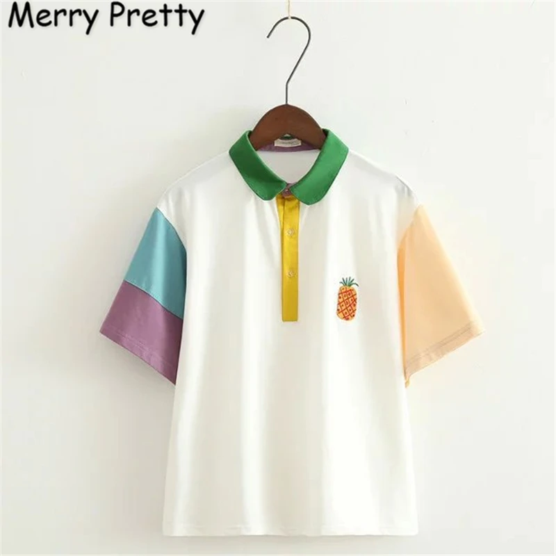 MERRY PRETTY Harajuku Style Cartoon Embroidery Cotton T-shirt Summer Women Casual Kawaii Patchwork Sleeve Cute White Tee Top | Женская