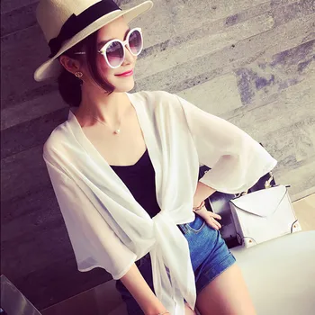 

High Quality Chiffon Thin Blouse Women Half Sleeve Shirt Trumpet Sleeve Color Short Cardigan Blouse Blusas Mujer De Moda#35