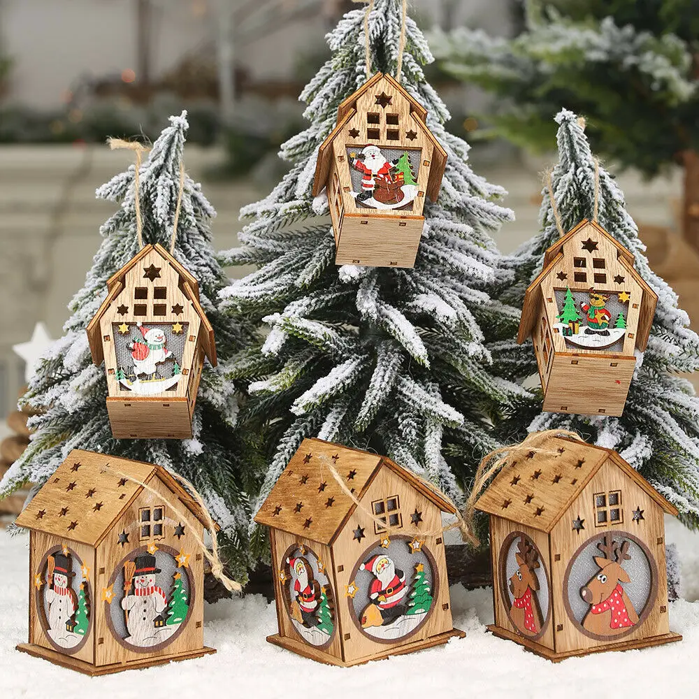 Светодиодный деревянный дом, забавная Рождественская елка, подвесные украшения, Рождественский светящийся декор, украшение для праздника, украшения для рождественской елки