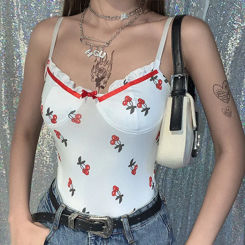 

Sexy Cherry Print Sweet Summer Women Bodysuit Ruffle Vintage Spaghetti Strap Romper Female Casual Club Playsuits