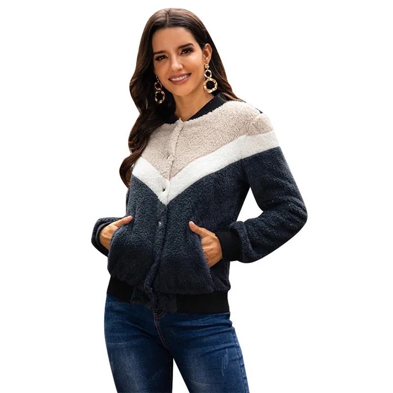 

Womens Fuzzy Designer Winter Jacket Fleece Single Breasted Long Sleeve Warm Coats Fashion Contrast Color Jacket
