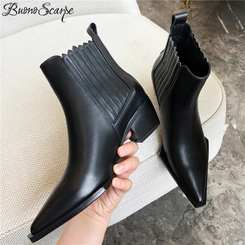 Buono Scarpe/кожаные ботильоны с острым носком; эластичные ботинки «Челси»; Женские ботинки в западном стиле; Botas Mujer; модная обувь; Цвет черный, белый; ботинки