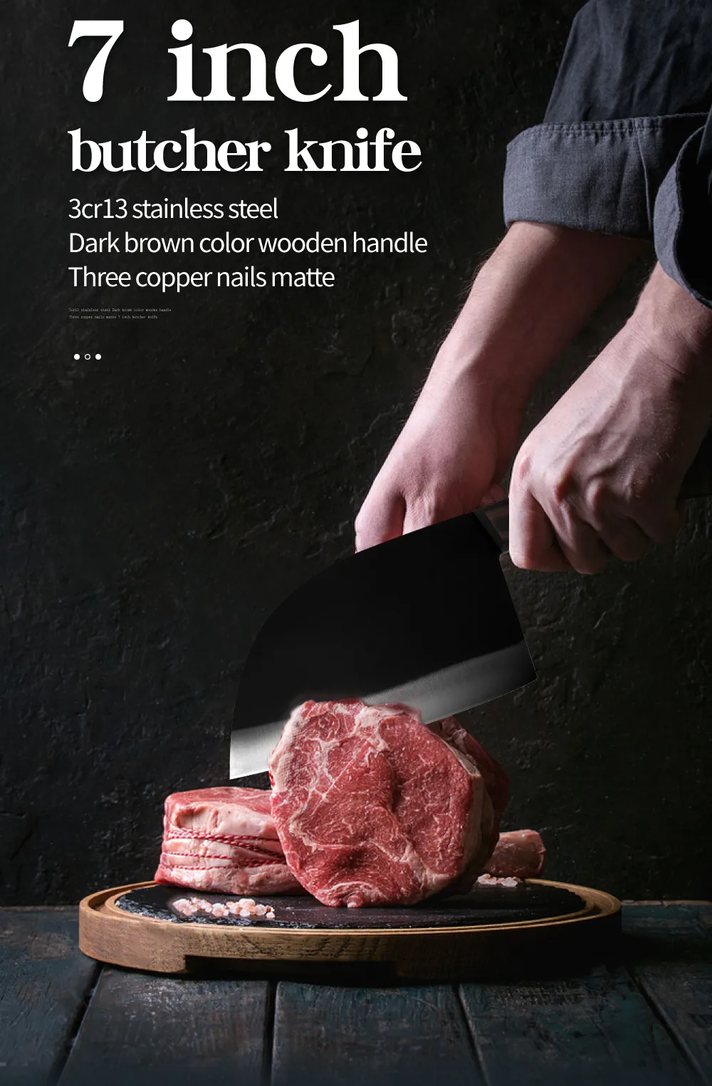 ZBXG11164-3cr13不锈钢深啡彩木柄三铜钉哑光面7寸屠夫刀英_01