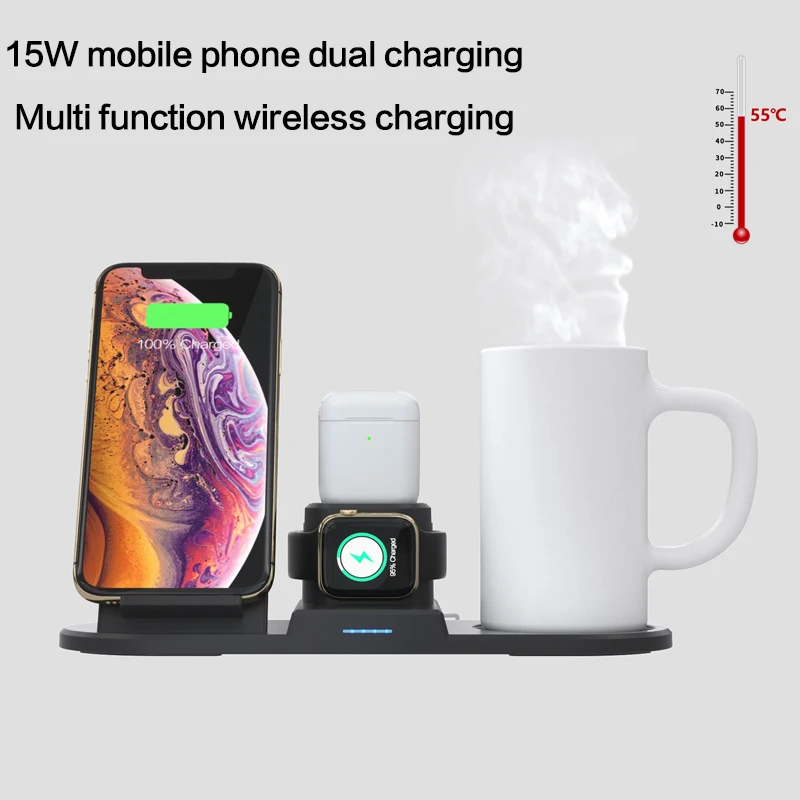 15 Вт Qi Быстрое беспроводное зарядное устройство для iPhone 11 Pro X XS samsung S8 зарядная станция Док-станция для iWatch 1 2 3 4 5 Airpods с теплой чашкой