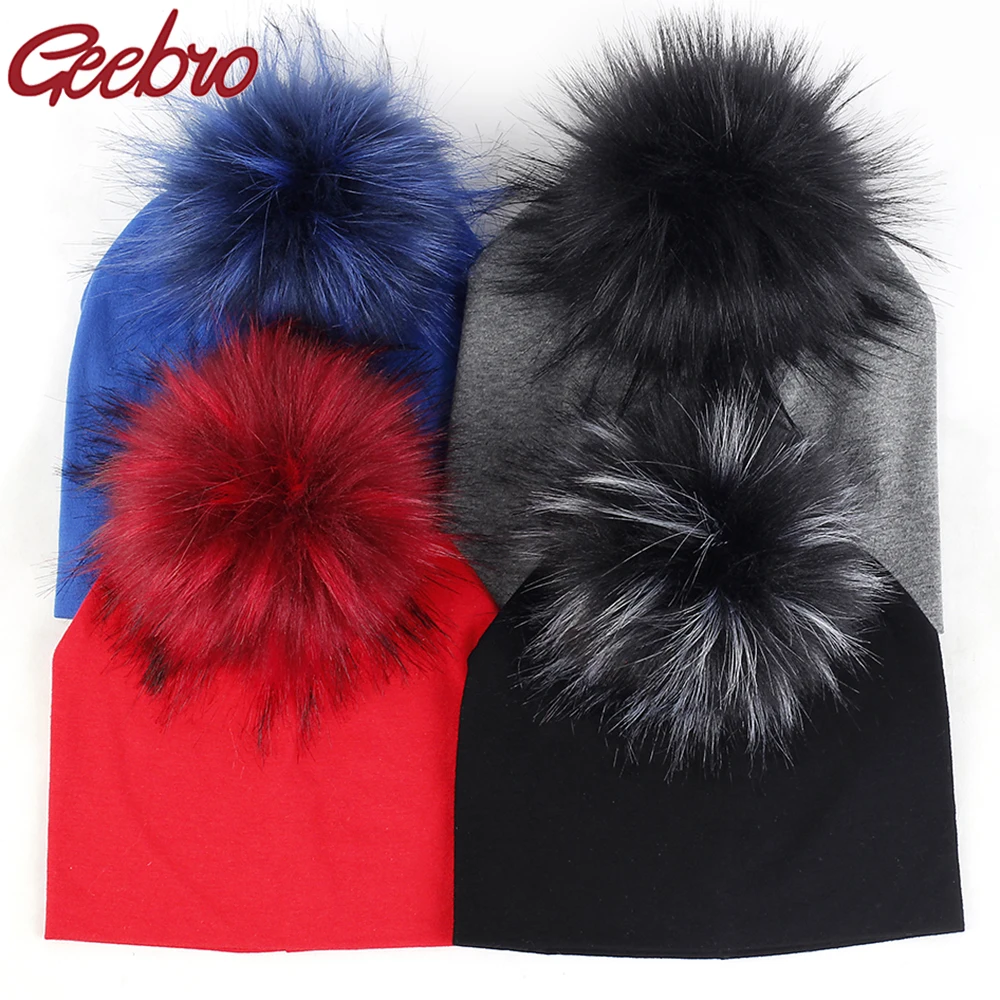 

Geebro Newborn Solid Cotton Hat Faux Fur Baby Cap Pompom Hat For Kids Winter Boys And Girls Caps Artificial Fur Children's Hats